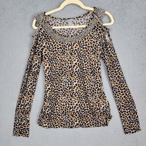 C. Oliver Blouse M Leopard Print Cold Shoulder Stretchy Silver Bead Embellished